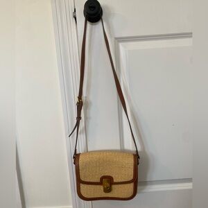 MANGO Woven Crossbody Bag with Brown Leather Trim